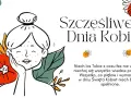 Ilustracja z napisem "Szczęśliwego Dnia Kobiet" i życzeniami. Uśmiechnięta dziewczyna z kwiatami.