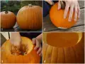 Przygotowanie wydrążonej dyni do Halloween. Krok po kroku: wybór, narysowanie linii cięcia, wydrążanie wnętrza i gotowa pusta dynia.