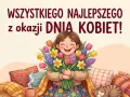 Uśmiechnięta dziewczynka z bukietem wiosennych kwiatów, kotek i kubek gorącej czekolady. Najlepsze życzenia z okazji Dnia Kobiet!