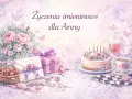 Urocze życzenia imieninowe dla Anny w lipcu. Bukiet róż, tort, prezenty i koszyk truskawek.