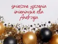 Złote i czarne balony, konfetti i błyszczące ozdoby tworzą atmosferę świętowania. Tekst głosi "śmieszne życzenia imieninowe dla Andrzeja", idealne na imieniny Andrzeja kiedy.