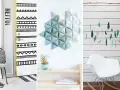 Inspirujące dekoracje DIY: drzwi w etniczne wzory, geometryczna ozdoba na ścianę i piórka-girlanda.