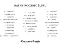 Lista nazw rocznic ślubu: papierowa, bawełniana, skórzana, kwiatowa, drewniana, cukrowa, wełniana, brązowa, gliniana, cynowa, stalowa, jedwabna, koronka, kość słoniowa, kryształowa, porcelana, srebro, perła, koral, rubin, szafir, złoto, szmaragd, diame...