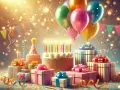 Wspaniałe życzenia na 50 urodziny! Tort, prezenty, balony i konfetti tworzą magiczną atmosferę.