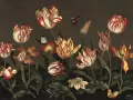 Wiele ciekawostek o tulipanach! Obraz przedstawia bukiet z motylami i owadami, ukazujący piękno tych kwiatów.