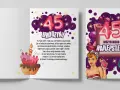 Wesołe życzenia na 45 urodziny z tortem i kieliszkiem drinka. Jubilatka w stylu pin-up świętuje 45 lat!