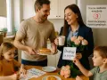 Rodzina świętuje dzień doceniania żony. Mąż podaje naleśniki, dzieci wręczają kwiaty i kartkę z podziękowaniami.