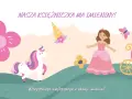 Nasza księżniczka ma imieniny! Urocza grafika z jednorożcem, księżniczką i karocą, idealna na piękne życzenia imieninowe dla córki.