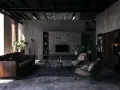 Nowoczesny salon z betonowymi ścianami, meblami w stylu hi-tech i roślinami. Styl hi-tech we florystyce podkreśla industrialny charakter wnętrza.