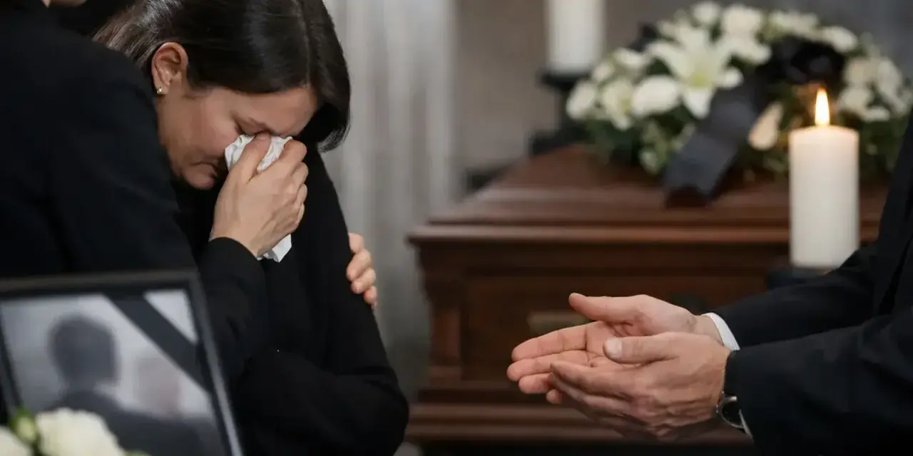 Smutna kobieta ociera łzy. W tle trumna i świece. Wskazówki, jak złożyć kondolencje na odległość, gdy nie można być blisko.
