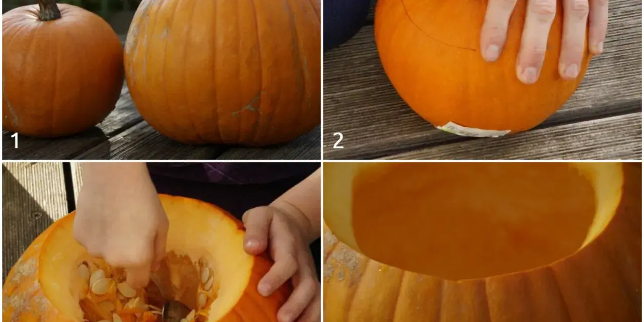 Przygotowanie wydrążonej dyni do Halloween. Krok po kroku: wybór, narysowanie linii cięcia, wydrążanie wnętrza i gotowa pusta dynia.