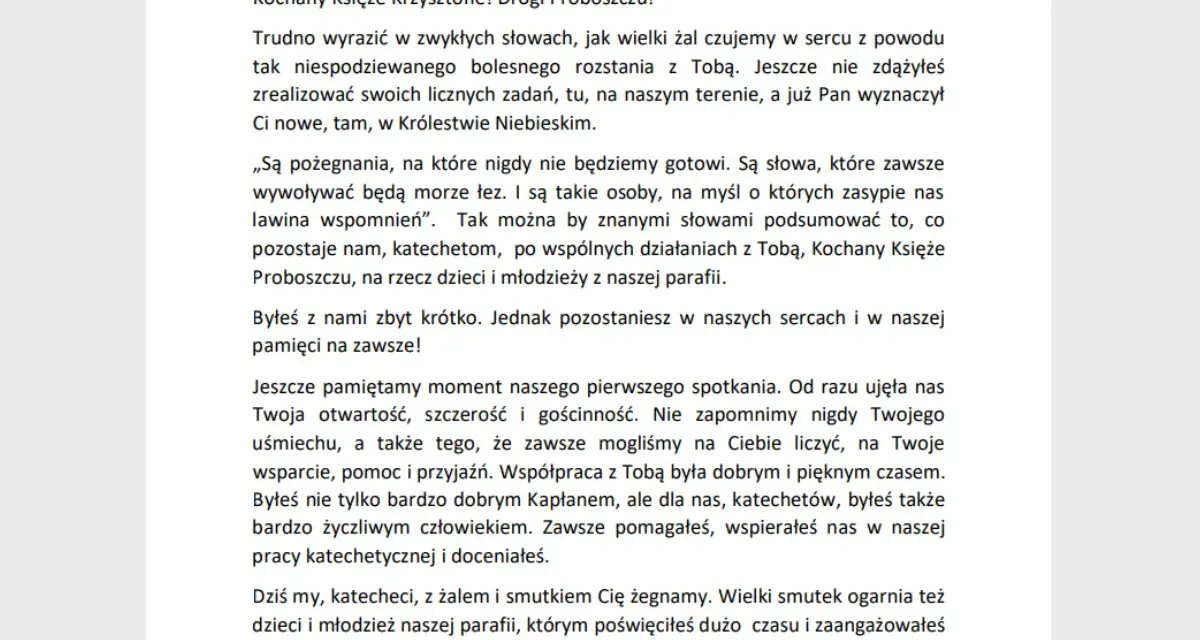 Wzór pożegnania zmarłego księdza proboszcza, czytany przez katechetów. Wyrazy żalu i wdzięczności za wspólny czas.