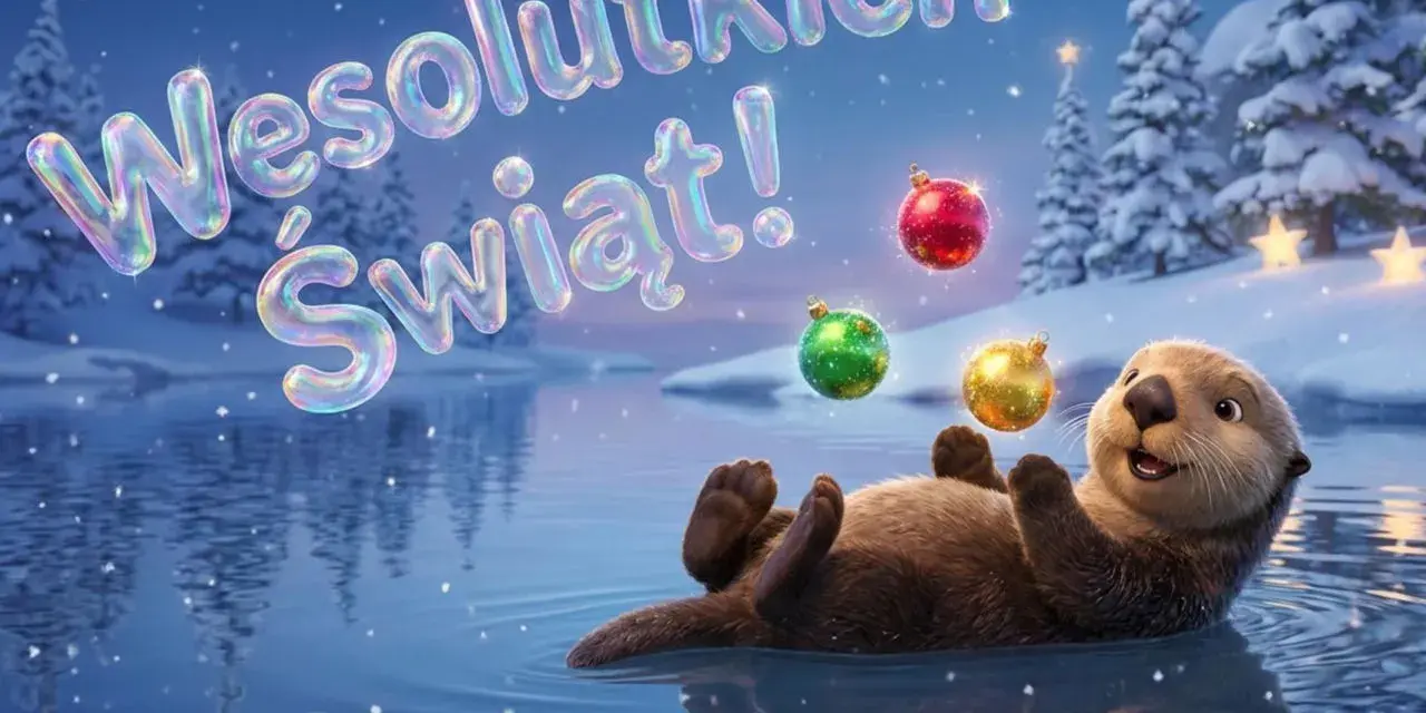 Wesołych Świąt! Wydra bawi się bombkami w zimowej scenerii, jakby czytała wierszyki na Boże Narodzenie.