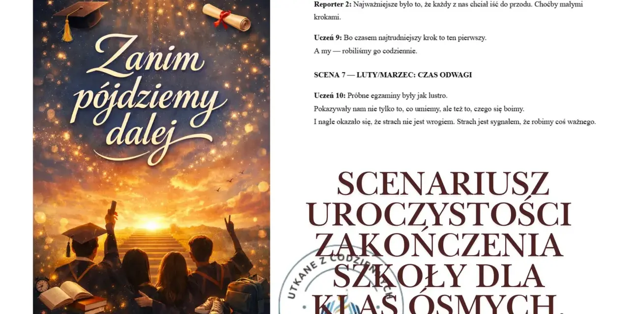 Scenariusz uroczystości zakończenia szkoły dla klas ósmych "Zanim pójdziemy dalej". Jak napisać list pożegnalny? Uczniowie patrzą na schody do słońca.