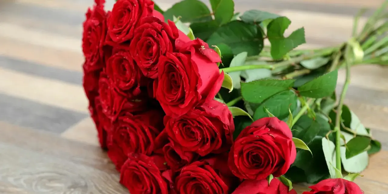Bukiet ośmiu czerwonych róż z kroplami rosy na płatkach, ułożony na drewnianym tle.