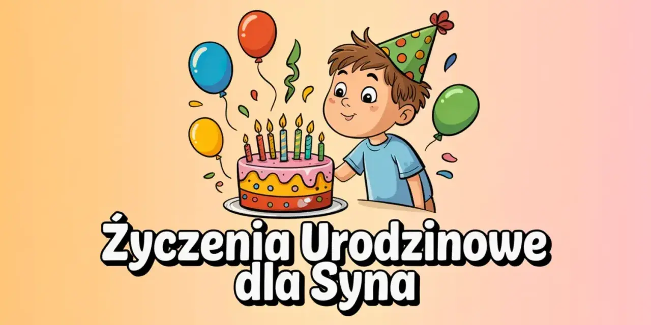 Chłopiec w czapce urodzinowej zdmuchuje świeczki z tortu. Balony i konfetti tworzą radosną atmosferę. Idealne życzenia urodzinowe dla syna.