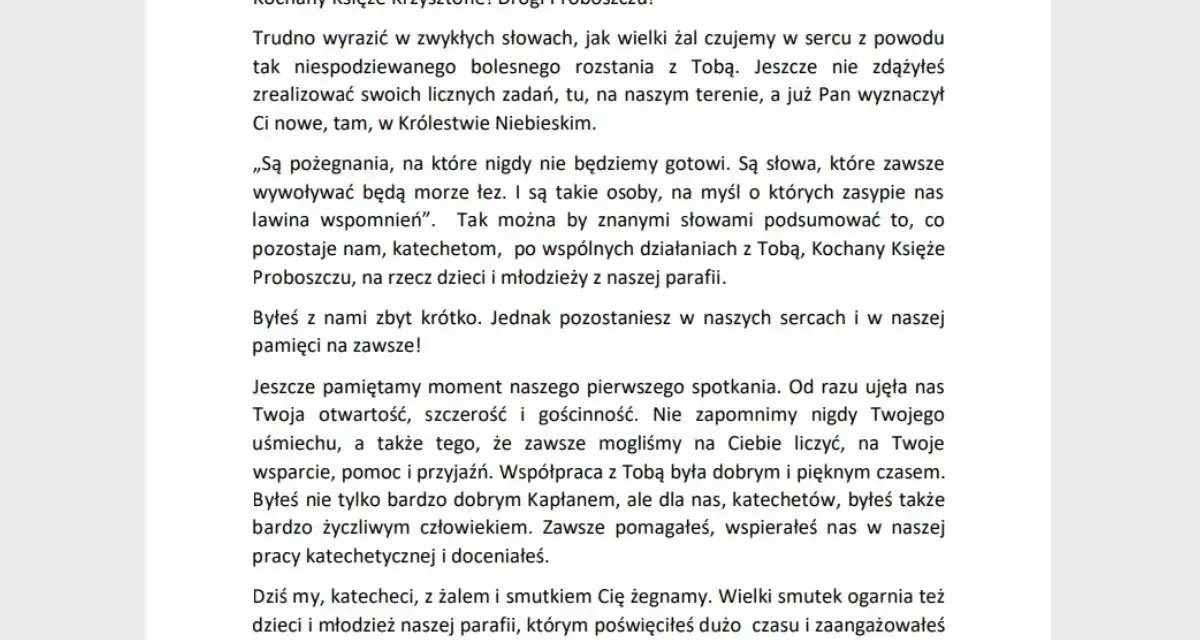 Wzór pożegnania rodziny w imieniu zmarłego. List od katechetów wyraża głęboki żal po odejściu księdza, wspominając jego dobroć i zaangażowanie.