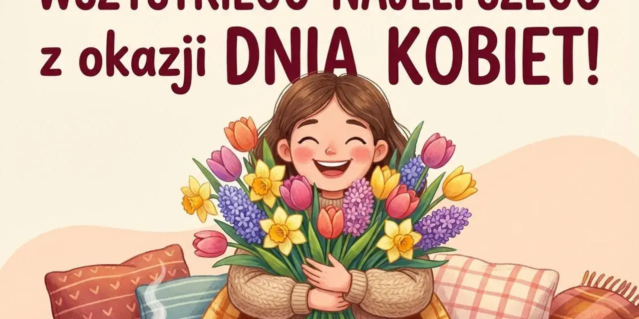 Uśmiechnięta dziewczynka z bukietem wiosennych kwiatów, kotek i kubek gorącej czekolady. Najlepsze życzenia z okazji Dnia Kobiet!