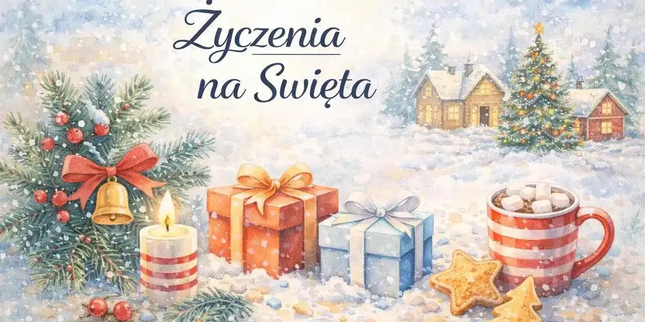 Życzenia na Święta: prezenty, choinka, świeca i kubek gorącej czekolady. Niech będą to zdrowych spokojnych świąt.