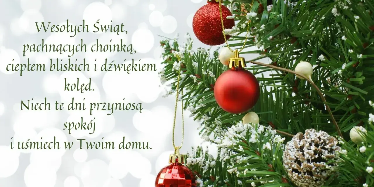 Wesołych Świąt! Piękna choinka, ciepło bliskich i dźwięk kolęd. Niech te dni przyniosą spokój i uśmiech. Idealne życzenia na święta bożego narodzenia sms.
