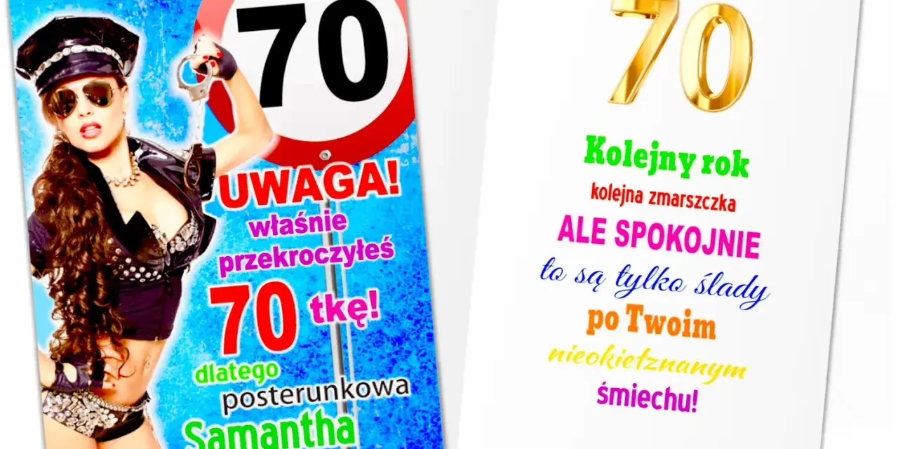 Kobieta w stroju policjantki z kajdankami i napisem "UWAGA! Właśnie przekroczyłeś 70-tkę!". Wesołe życzenia na 70 urodziny dla kobiety.