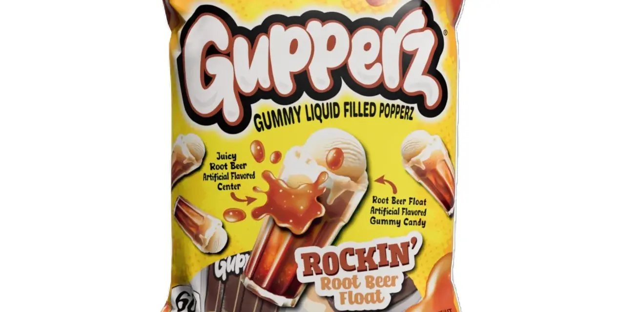 Opakowanie Gupperz z gumą o smaku root beer float. Płynne nadzienie i żelki w kształcie lodów.