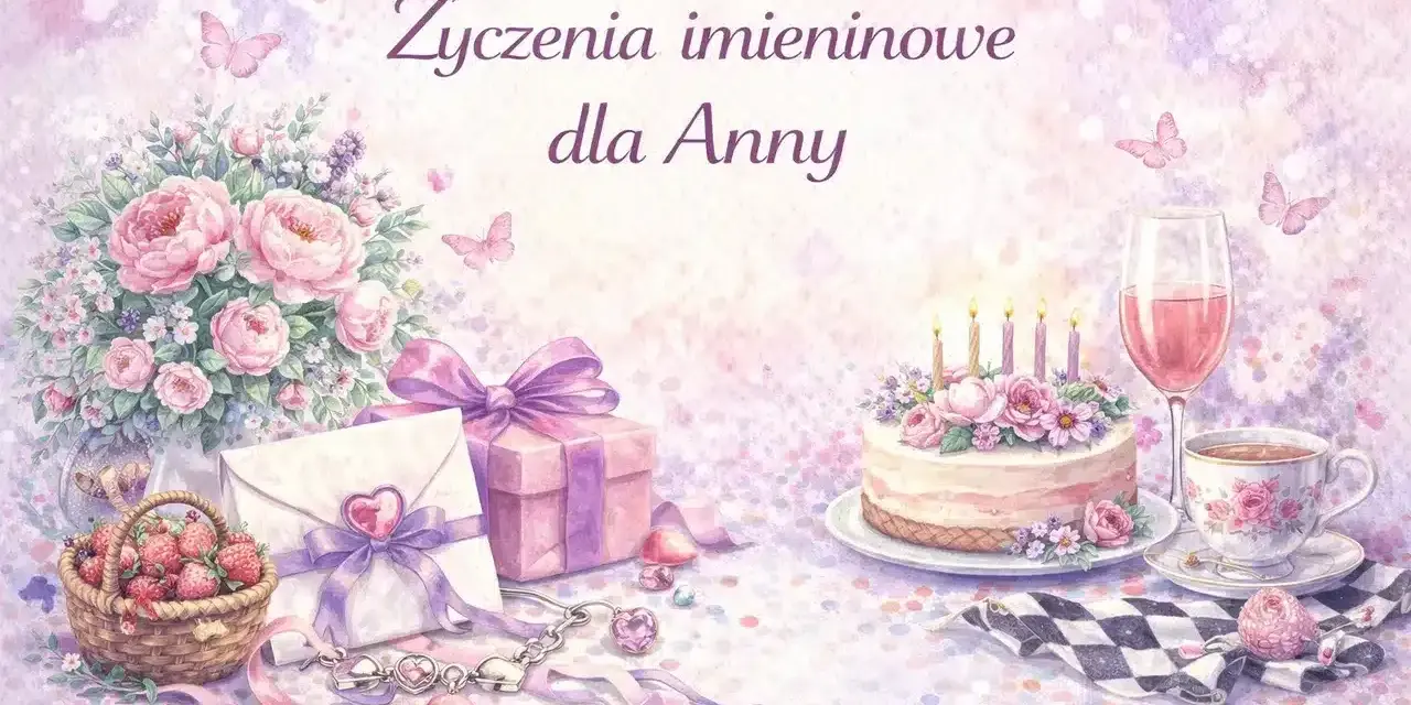 Urocze życzenia imieninowe dla Anny w lipcu. Bukiet róż, tort, prezenty i koszyk truskawek.