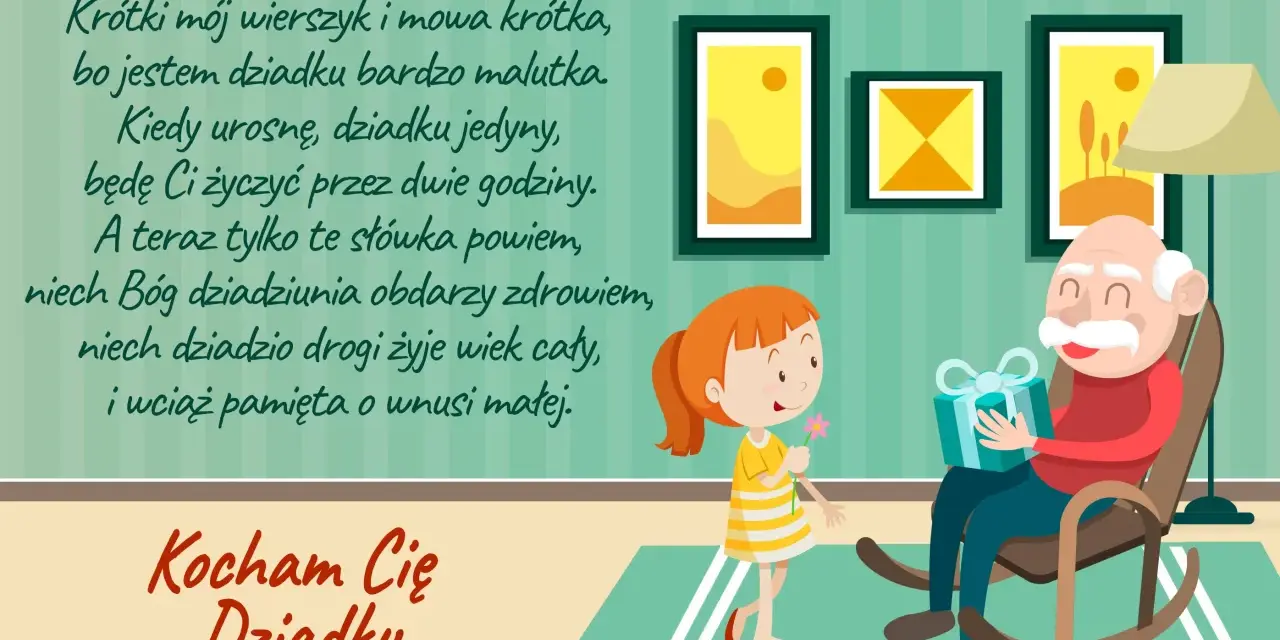 Piękne życzenia urodzinowe dla wnuczki dla ukochanego Dziadka. Wnuczka wręcza prezent i kwiatka.