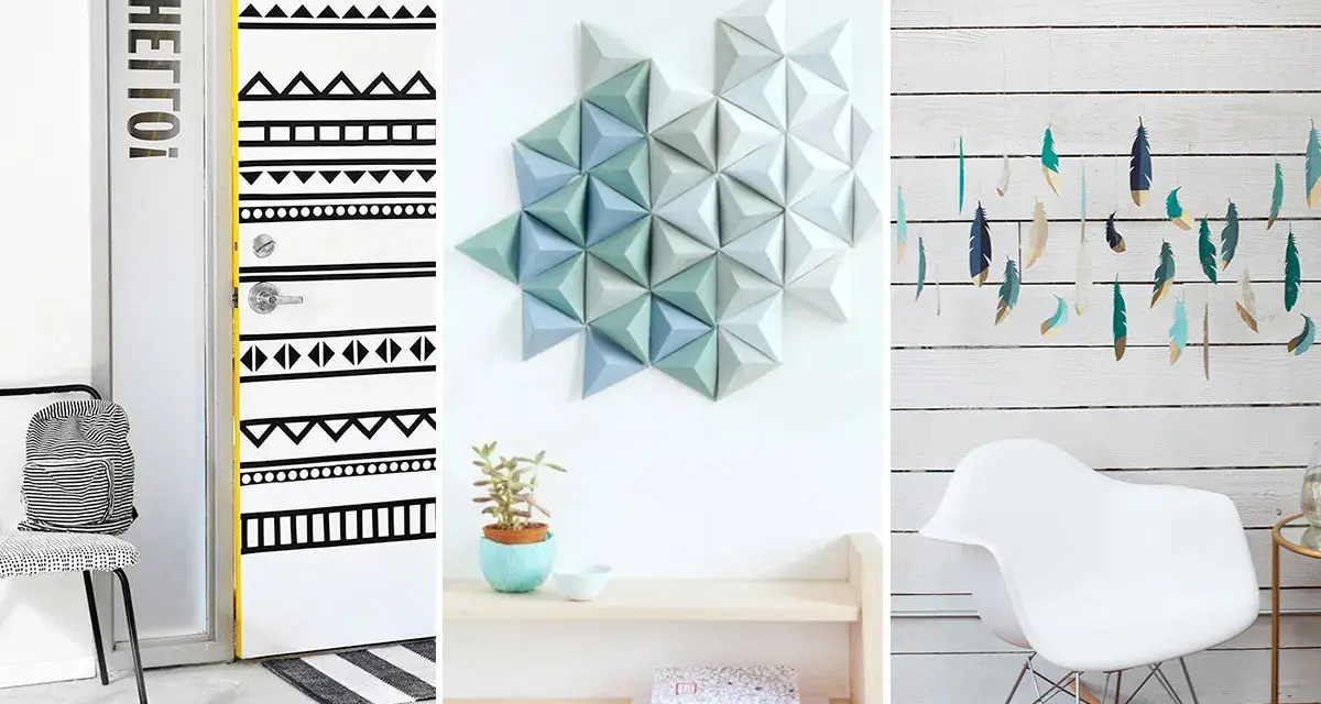 Inspirujące dekoracje DIY: drzwi w etniczne wzory, geometryczna ozdoba na ścianę i piórka-girlanda.