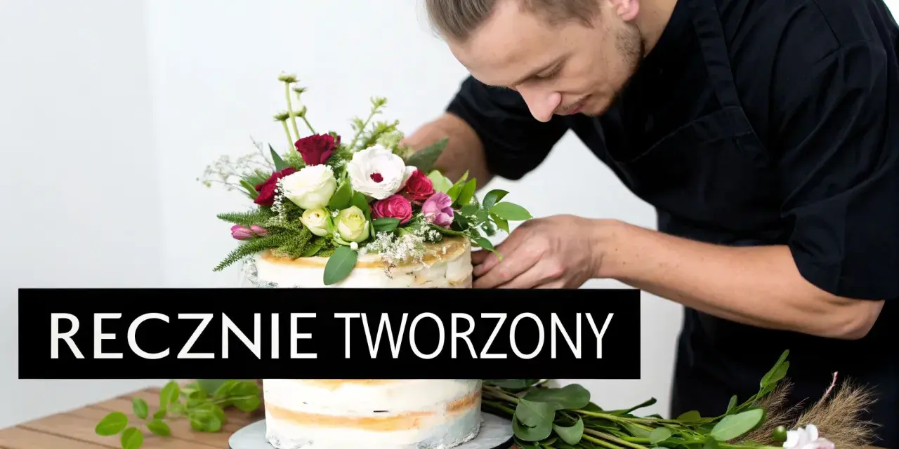Mistrz cukiernictwa dekoruje tort z kwiatami żywymi, tworząc dzieło sztuki.