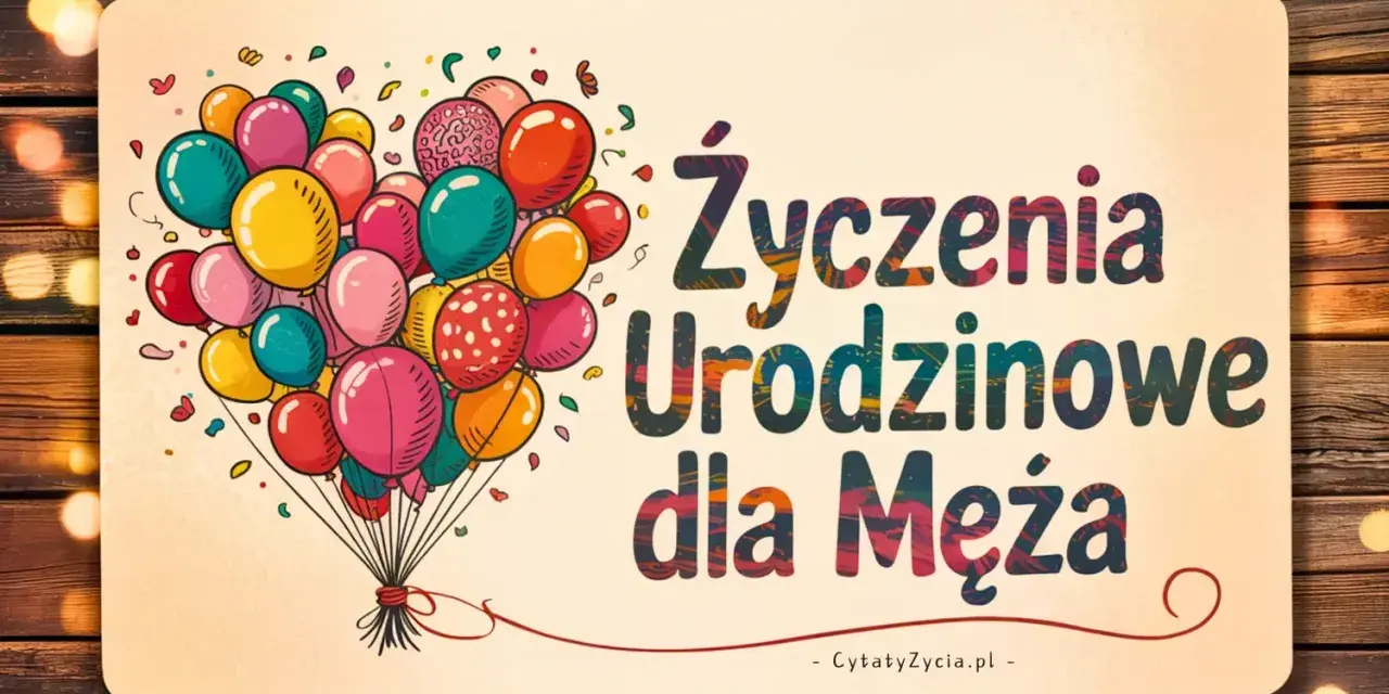 Kolorowe balony unoszą się, tworząc serce, a napis "Życzenia urodzinowe dla Męża" zapowiada radosne świętowanie.