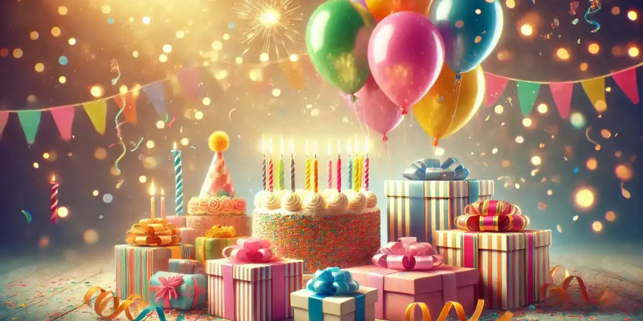Wspaniałe życzenia na 50 urodziny! Tort, prezenty, balony i konfetti tworzą magiczną atmosferę.