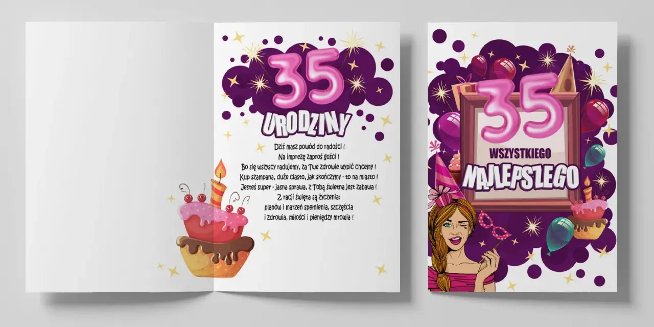 Wesołe życzenia na 35 urodziny z tortem i balonami. Jubilatce życzymy spełnienia marzeń, szczęścia i miłości.