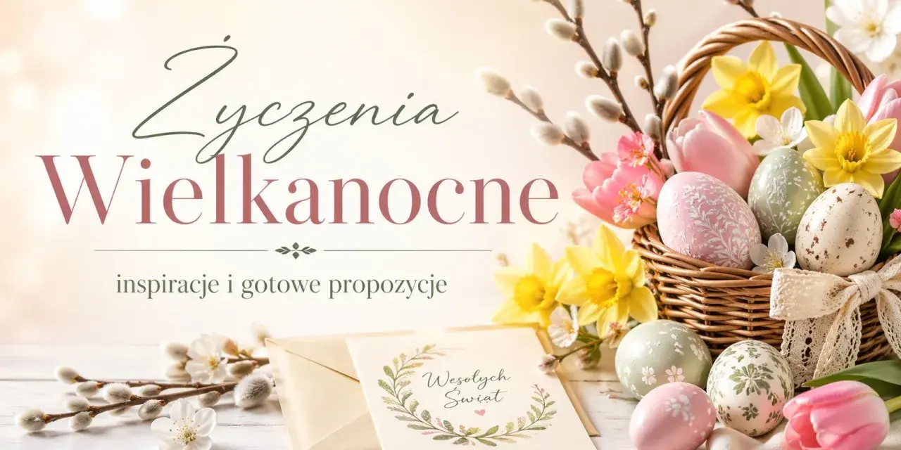 Wielkanocne inspiracje i mądre życzenia. Koszyk pełen barwnych pisanek, tulipanów i żonkili.