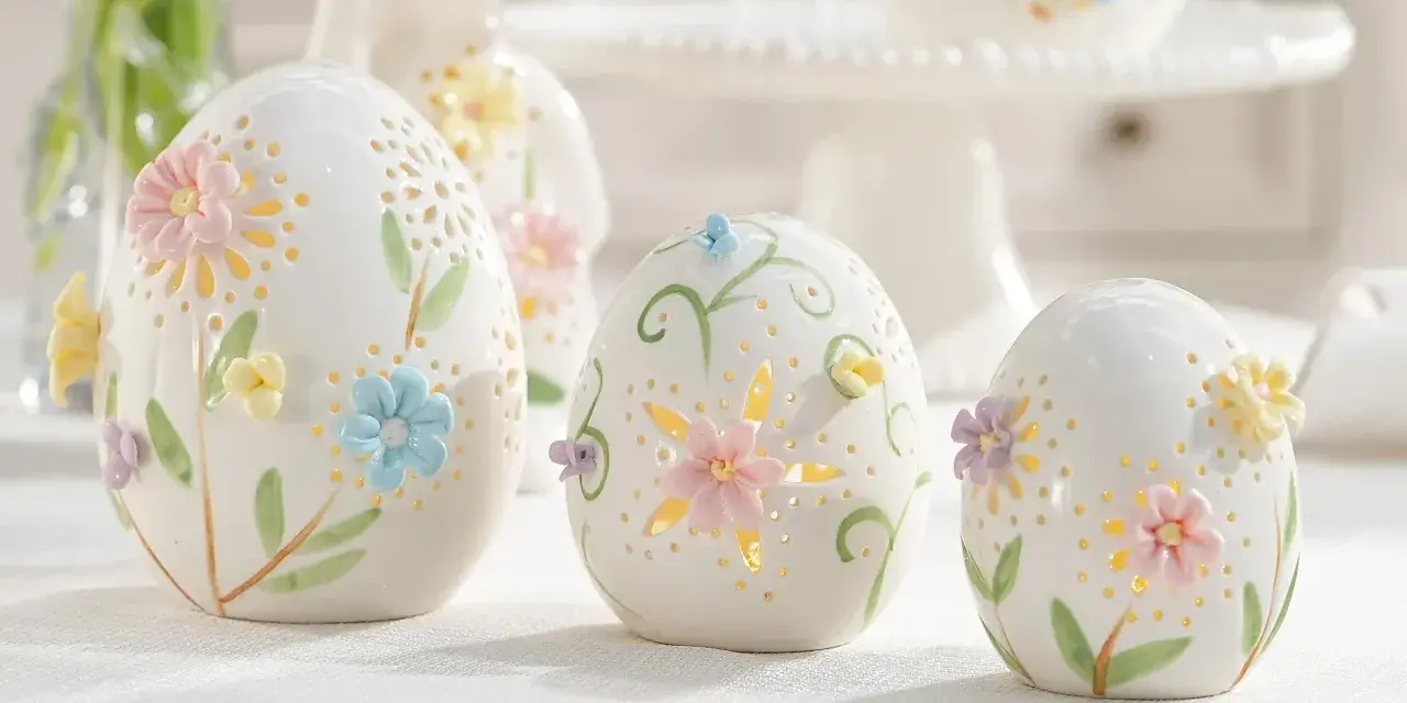 Białe, ceramiczne jajka z pastelowymi kwiatami i listkami, ozdobione ażurowymi wzorami. Te piękne symbole wielkanocne tworzą magiczną atmosferę.