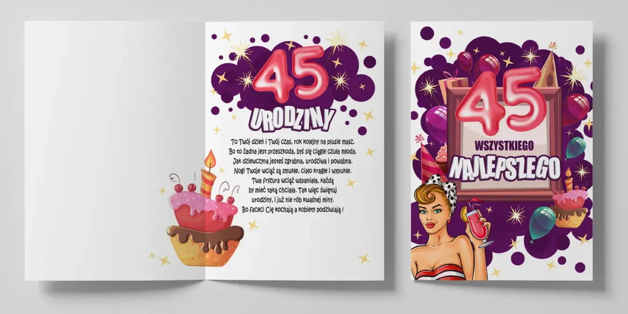 Wesołe życzenia na 45 urodziny z tortem i kieliszkiem drinka. Jubilatka w stylu pin-up świętuje 45 lat!