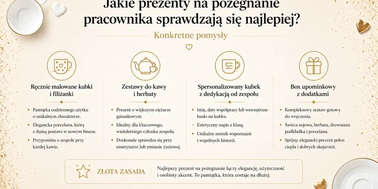 Pomysły na prezenty pożegnalne dla pracownika: ręcznie malowane kubki, zestawy do kawy, spersonalizowane kubki z dedykacją, boxy upominkowe.
