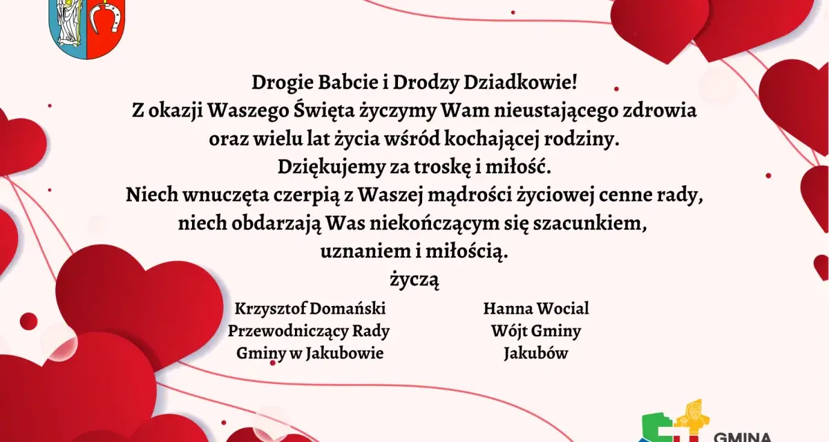 Życzenia świąteczne dla babci i dziadka z Gminy Jakubów. Serdeczne pozdrowienia i podziękowania za miłość.