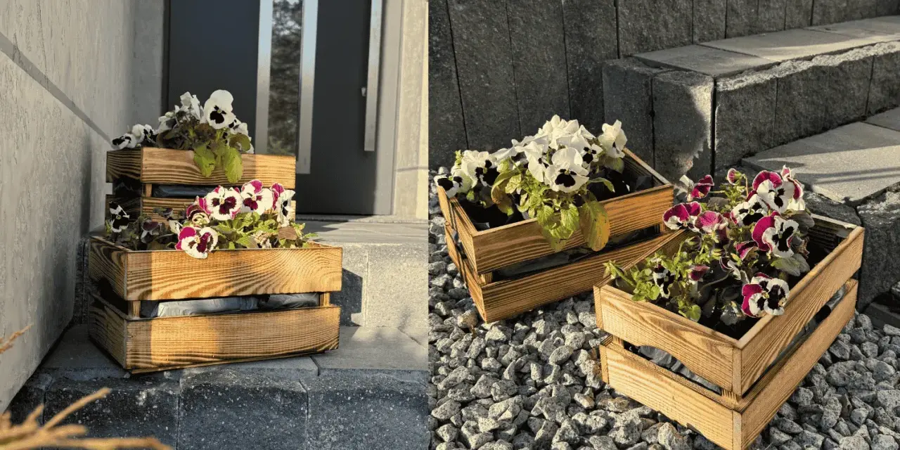 Drewniane skrzynki z kompozycjami kwiatowymi na balkon, ozdabiające wejście do domu.