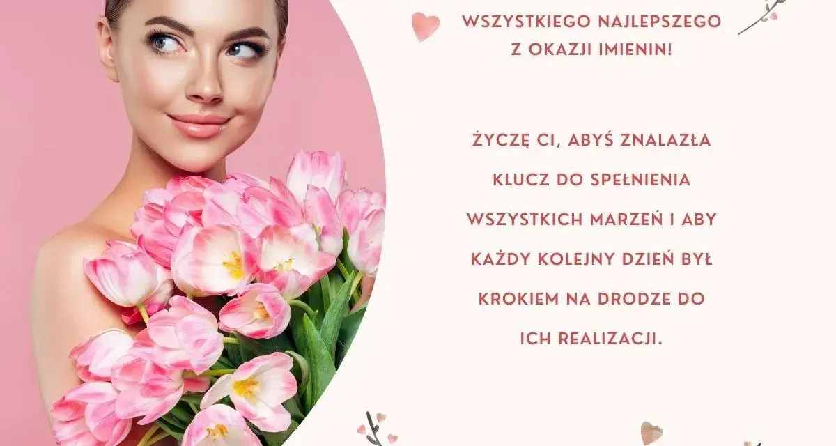 Kobieta z bukietem różowych tulipanów. Życzenia wszystkiego najlepszego w dniu imienin, by spełniały się marzenia.
