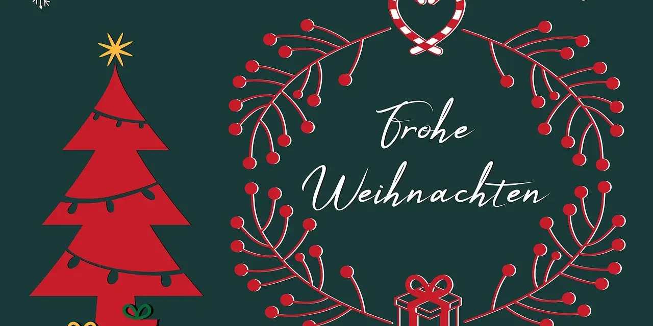 Wesołych Świąt! Kartka z choinką, prezentami i wiankiem z gałązek, a w środku życzenia na Boże Narodzenie po niemiecku.