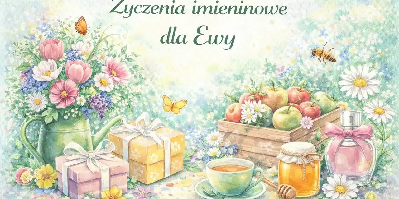 Tradycyjne życzenia imieninowe dla Ewy: bukiet kwiatów, prezenty, jabłka, miód i herbata.