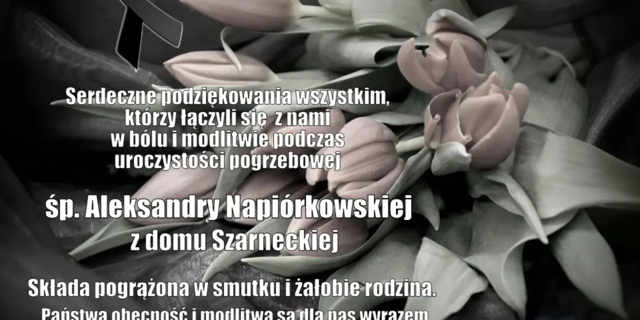 Czarno-białe zdjęcie z różowymi tulipanami i czarną wstęgą. Tekst: podziękowania za obecność na pogrzebie śp. Aleksandry Napiórkowskiej. Wzór zawiadomienia o pogrzebie sms.