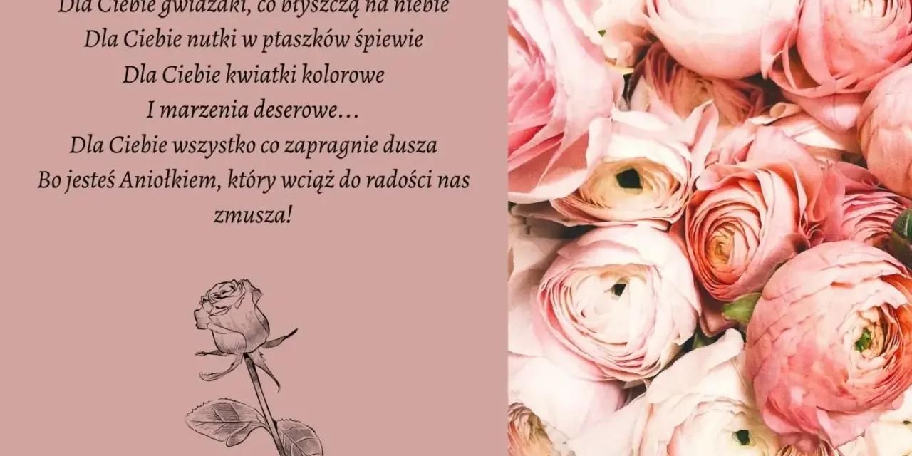 Krótkie życzenia urodzinowe na FB: bukiet róż i wiersz o aniołku.