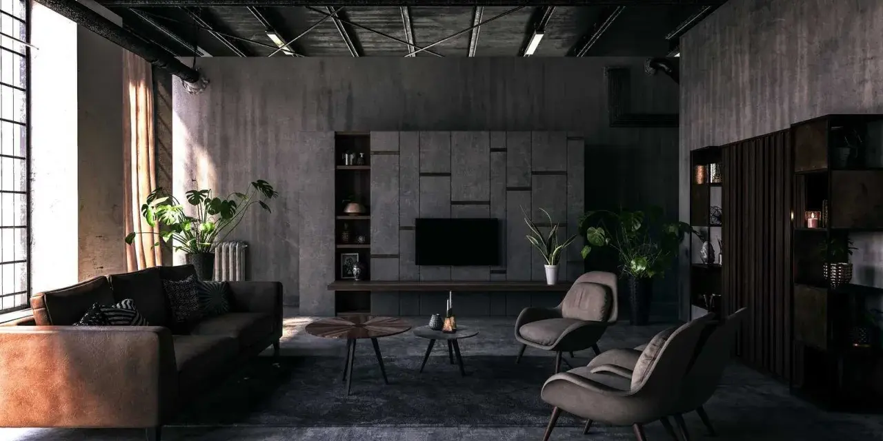Nowoczesny salon z betonowymi ścianami, meblami w stylu hi-tech i roślinami. Styl hi-tech we florystyce podkreśla industrialny charakter wnętrza.
