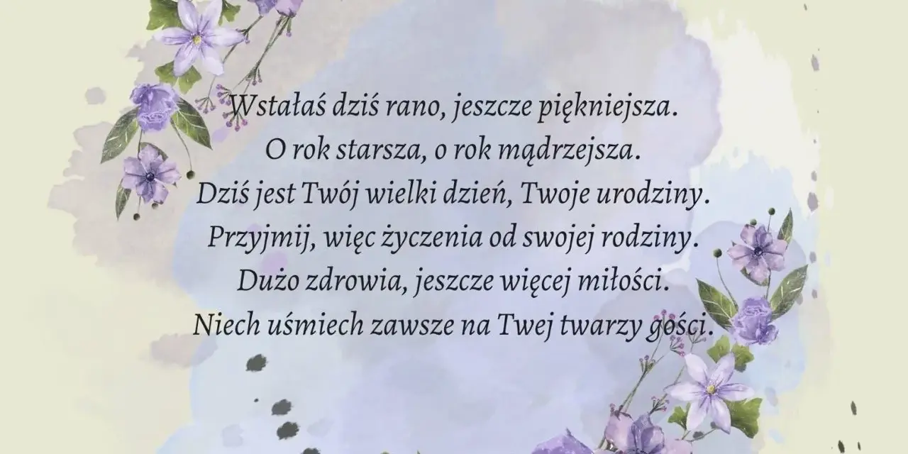 Wzruszające życzenia urodzinowe dla znajomego, otoczone fioletowymi kwiatami.