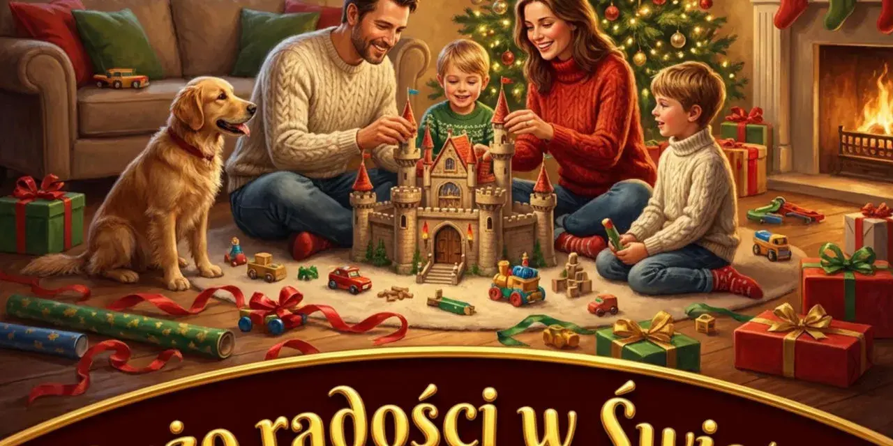 Rodzina buduje zamek z klocków przy choince, piesek patrzy. Wesołych Świąt!