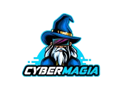 Czarodziej w goglach VR, gotowy na Urodziny z VR w Katowicach. Logo "Cybermagia".
