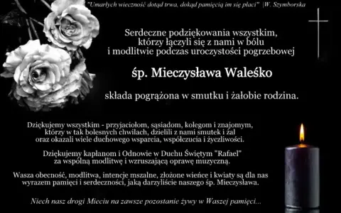Wzór podziękowania za udział w pogrzebie śp. Mieczysława Waleśko. Rodzina dziękuje za wsparcie i pamięć.