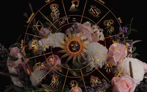 Zodiakalny krąg z symbolami i słońcem na tle bukietu róż. Kwiaty przypisane do miesięcy tworzą mistyczną oprawę.